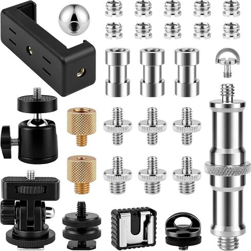 30Pack Camera Tripod Screw Mount Kit, 1/4" & 3/8" Camera Screw Adapter | with Ball Head, Cold Shoe Mount, Phone Clamp, Flash Hot Shoe Adapter for Camera, Tripod, Ring Light, Mic & LED Video Light in Saudi Arabia