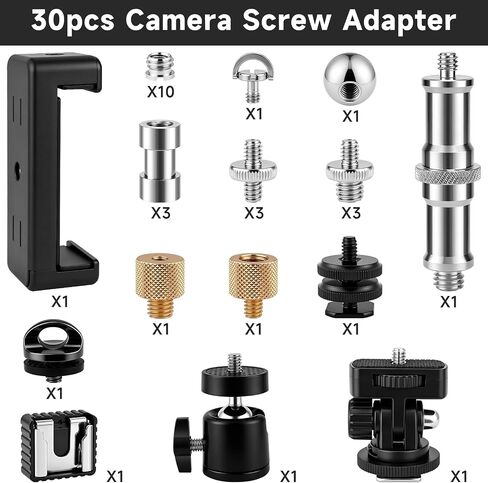 30Pack Camera Tripod Screw Mount Kit, 1/4" & 3/8" Camera Screw Adapter | with Ball Head, Cold Shoe Mount, Phone Clamp, Flash Hot Shoe Adapter for Camera, Tripod, Ring Light, Mic & LED Video Light in Saudi Arabia