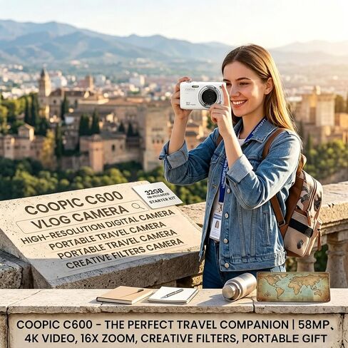 C600 58MP Digital Camera 4K Video | Autofocus Point and Shoot, Anti-Shake for Vlogging, Includes 32GB Card, Gift for Teens Boys Girls Beginners, Travel in Saudi Arabia