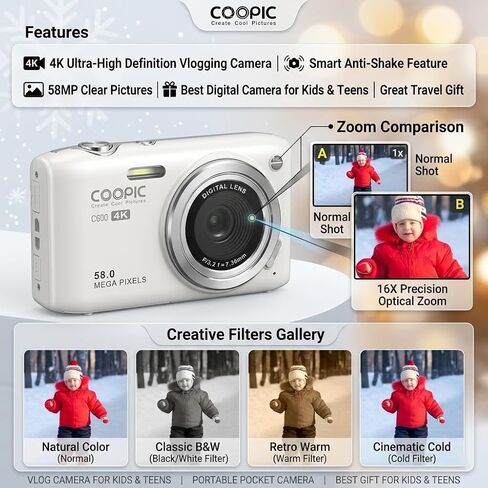 C600 58MP Digital Camera 4K Video | Autofocus Point and Shoot, Anti-Shake for Vlogging, Includes 32GB Card, Gift for Teens Boys Girls Beginners, Travel in Saudi Arabia