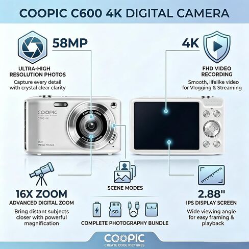 C600 58MP Digital Camera 4K Video | Autofocus Point and Shoot, Anti-Shake for Vlogging, Includes 32GB Card, Gift for Teens Boys Girls Beginners, Travel in Saudi Arabia