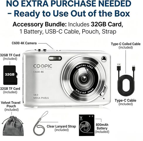 C600 58MP Digital Camera 4K Video | Autofocus Point and Shoot, Anti-Shake for Vlogging, Includes 32GB Card, Gift for Teens Boys Girls Beginners, Travel in Saudi Arabia