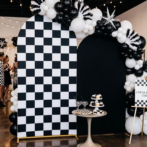2 Set Checkered Arch Backdrop Cover 7.2ft 6.6ft Truck Theme Birthday Party Decor Black White Checkered Double-Sided Stretchy Background Wall Decor for Car Racing Party Baby Shower in Saudi Arabia