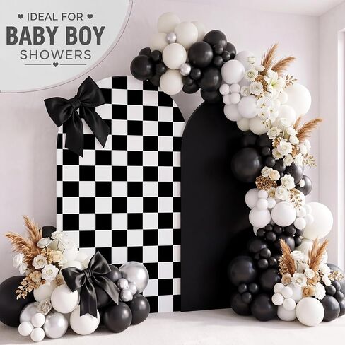 2 Set Checkered Arch Backdrop Cover 7.2ft 6.6ft Truck Theme Birthday Party Decor Black White Checkered Double-Sided Stretchy Background Wall Decor for Car Racing Party Baby Shower in Saudi Arabia