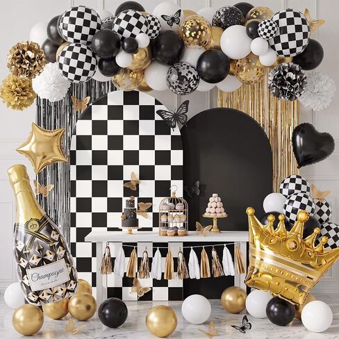 2 Set Checkered Arch Backdrop Cover 7.2ft 6.6ft Truck Theme Birthday Party Decor Black White Checkered Double-Sided Stretchy Background Wall Decor for Car Racing Party Baby Shower in Saudi Arabia