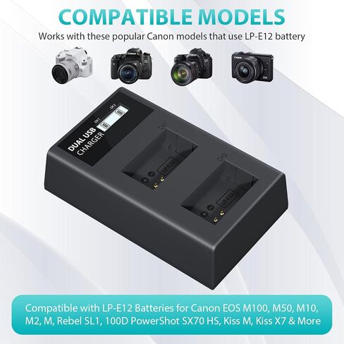 شاحن بطارية LP LP-E12 شاحن مزدوج LCD متوافق مع بطاريات LC-E12 | متوافق مع قاعدة الشحن Canon EOS M100، M50، M10، M2، M، Rebel SL1، 100D PowerShot SX70 HS، Kiss M، Kiss X7 وLP E12 in Kuwait
