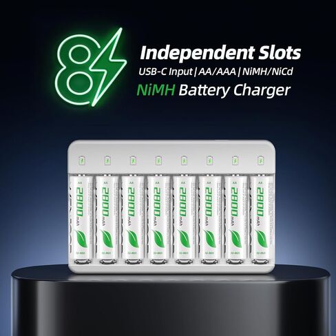 8 Slot Smart AA AAA Charger with 8 AA 2800mAh NiMH Rechargeable Batteries | Independent Charging | USB-C Input | LED Indicators | Auto Stop Charging | Smart Top-Up Charging in Saudi Arabia