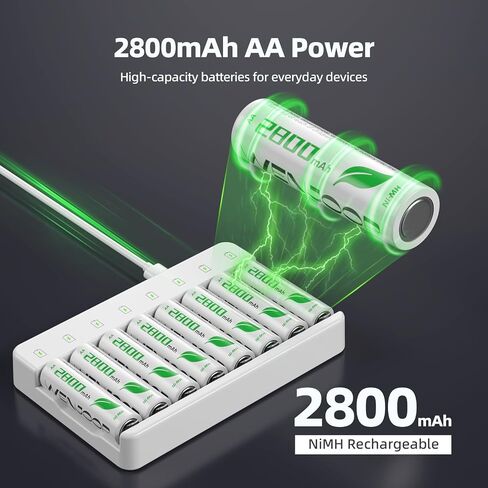 8 Slot Smart AA AAA Charger with 8 AA 2800mAh NiMH Rechargeable Batteries | Independent Charging | USB-C Input | LED Indicators | Auto Stop Charging | Smart Top-Up Charging in Saudi Arabia