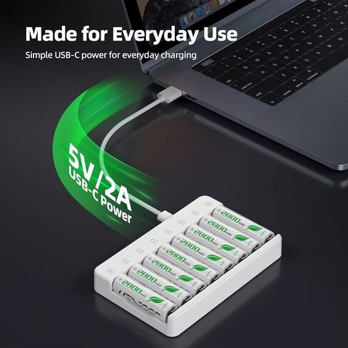 8 Slot Smart AA AAA Charger with 8 AA 2800mAh NiMH Rechargeable Batteries | Independent Charging | USB-C Input | LED Indicators | Auto Stop Charging | Smart Top-Up Charging in Saudi Arabia
