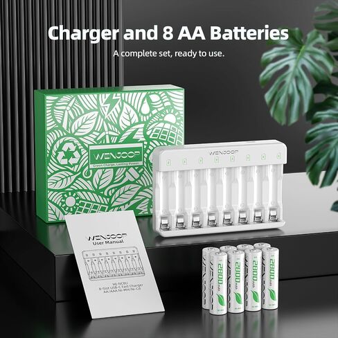 8 Slot Smart AA AAA Charger with 8 AA 2800mAh NiMH Rechargeable Batteries | Independent Charging | USB-C Input | LED Indicators | Auto Stop Charging | Smart Top-Up Charging in Saudi Arabia