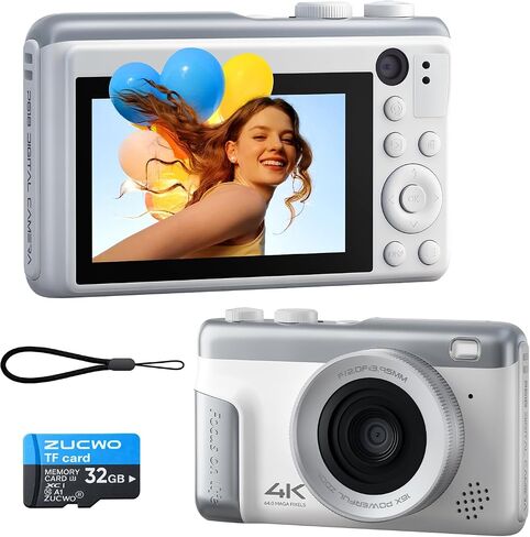 ZUCWO Digital Camera 4K, 64MP Compact Point and Shoot Camera for Everyday Photography, Autofocus with 16X Zoom, Type-C Rechargeable Travel Camera with 32GB Card, White in Saudi Arabia