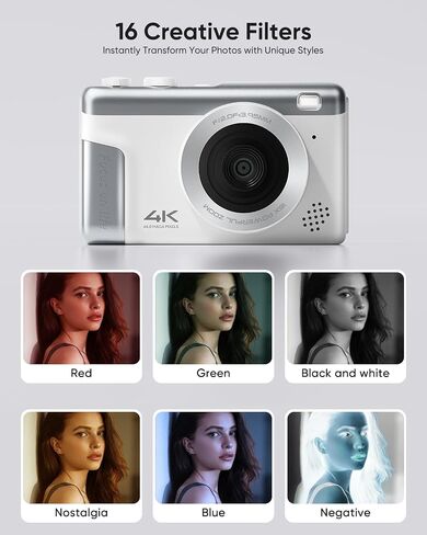 ZUCWO Digital Camera 4K, 64MP Compact Point and Shoot Camera for Everyday Photography, Autofocus with 16X Zoom, Type-C Rechargeable Travel Camera with 32GB Card, White in Saudi Arabia