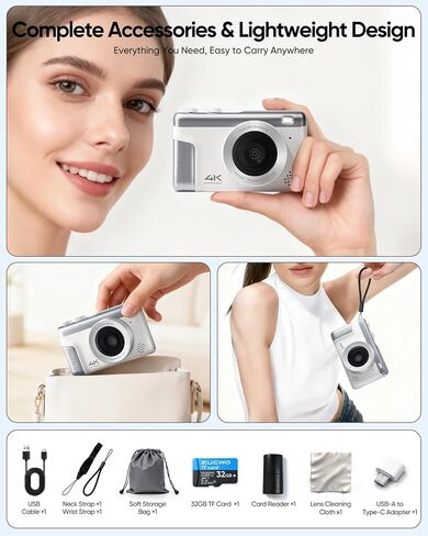 ZUCWO Digital Camera 4K, 64MP Compact Point and Shoot Camera for Everyday Photography, Autofocus with 16X Zoom, Type-C Rechargeable Travel Camera with 32GB Card, White in Saudi Arabia