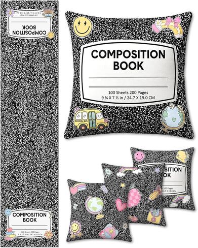 5PCS Back to School Table Decoration Set Composition Notebook Pillow Covers Classroom Notebook Table Runner Composition Pencil Rainbow Pillowcases Tablecloth Decor for School Couch Bedroom Living Room in Saudi Arabia