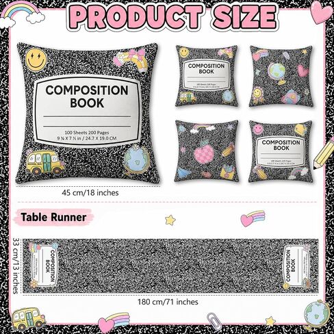 5PCS Back to School Table Decoration Set Composition Notebook Pillow Covers Classroom Notebook Table Runner Composition Pencil Rainbow Pillowcases Tablecloth Decor for School Couch Bedroom Living Room in Saudi Arabia