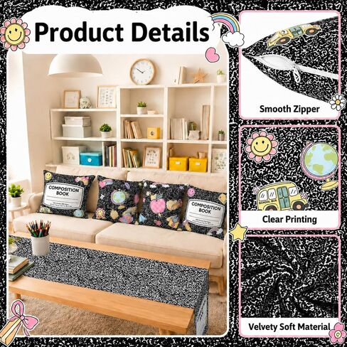 5PCS Back to School Table Decoration Set Composition Notebook Pillow Covers Classroom Notebook Table Runner Composition Pencil Rainbow Pillowcases Tablecloth Decor for School Couch Bedroom Living Room in Saudi Arabia