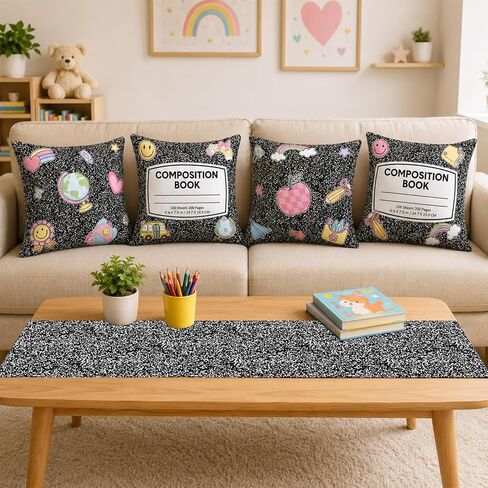 5PCS Back to School Table Decoration Set Composition Notebook Pillow Covers Classroom Notebook Table Runner Composition Pencil Rainbow Pillowcases Tablecloth Decor for School Couch Bedroom Living Room in Saudi Arabia