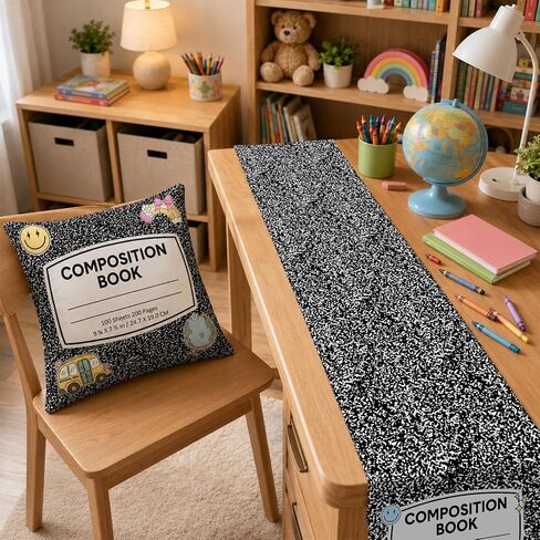 5PCS Back to School Table Decoration Set Composition Notebook Pillow Covers Classroom Notebook Table Runner Composition Pencil Rainbow Pillowcases Tablecloth Decor for School Couch Bedroom Living Room in Saudi Arabia