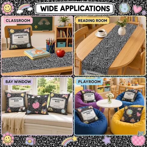 5PCS Back to School Table Decoration Set Composition Notebook Pillow Covers Classroom Notebook Table Runner Composition Pencil Rainbow Pillowcases Tablecloth Decor for School Couch Bedroom Living Room in Saudi Arabia