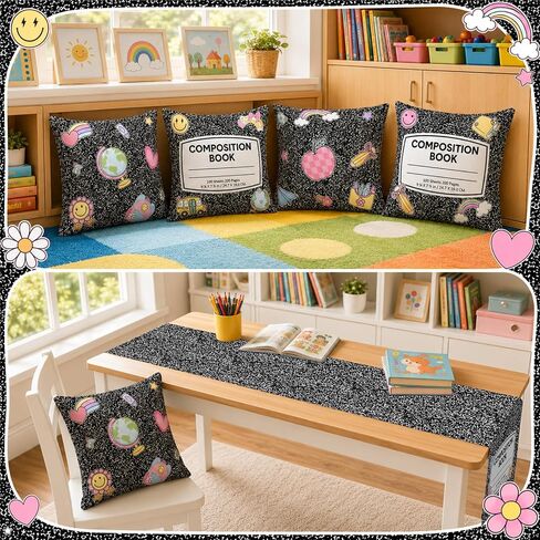 5PCS Back to School Table Decoration Set Composition Notebook Pillow Covers Classroom Notebook Table Runner Composition Pencil Rainbow Pillowcases Tablecloth Decor for School Couch Bedroom Living Room in Saudi Arabia