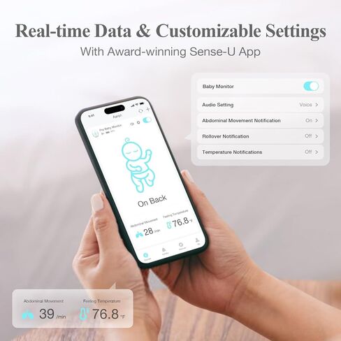Sense-U Pro Baby Monitor – Breathing Movement, Rollover & Overheating Trackers for Better Sleep, Simple Clip-On Smart Sleep Monitor with Arousal Vibration, Audible Alerts & Sleep Analysis in Saudi Arabia