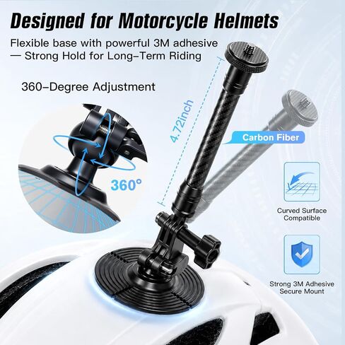 Geyo Flexible Adhesive Helmet Mount, Flat and Curved Action Camera Base | Carbon Fiber Arm, 1/4" Camera Base Adapter, Safety Rope, POV Angle, Compatible with Insta360, GoPro, DJI Action Cameras in Saudi Arabia
