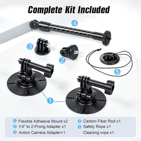 Geyo Flexible Adhesive Helmet Mount, Flat and Curved Action Camera Base | Carbon Fiber Arm, 1/4" Camera Base Adapter, Safety Rope, POV Angle, Compatible with Insta360, GoPro, DJI Action Cameras in Saudi Arabia