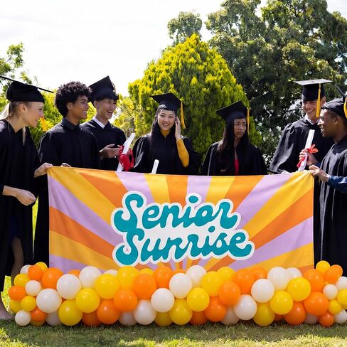 2026 Senior Sunrise Decoration 3 x 5 ft Photo Back to School Senior Sunrise Backdrop with 50 Balloons Yellow White Orange First Day of Year Background Banner for High School Party Decor in Saudi Arabia
