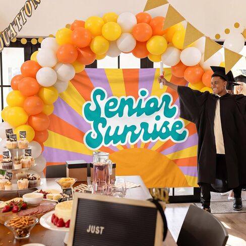 2026 Senior Sunrise Decoration 3 x 5 ft Photo Back to School Senior Sunrise Backdrop with 50 Balloons Yellow White Orange First Day of Year Background Banner for High School Party Decor in Saudi Arabia