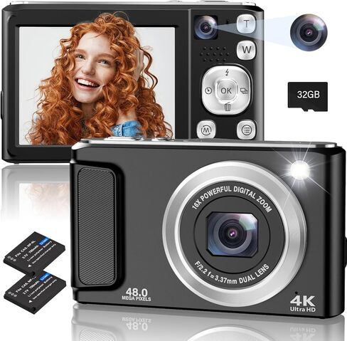 4K Digital Camera,48MP Cameras for Photography with Front and Rear Camera | Vlogging Compact Camera,Autofocus,16X Zoom Protable Point and Shoot Cameras with 32GB SD Card,Anti-Shake,2 Batteries in Kuwait