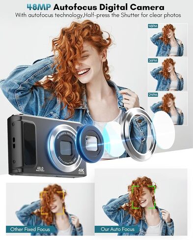 4K Digital Camera,48MP Cameras for Photography with Front and Rear Camera | Vlogging Compact Camera,Autofocus,16X Zoom Protable Point and Shoot Cameras with 32GB SD Card,Anti-Shake,2 Batteries in Kuwait