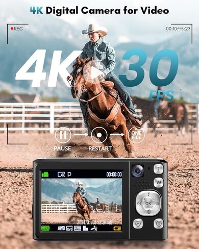 4K Digital Camera,48MP Cameras for Photography with Front and Rear Camera | Vlogging Compact Camera,Autofocus,16X Zoom Protable Point and Shoot Cameras with 32GB SD Card,Anti-Shake,2 Batteries in Kuwait