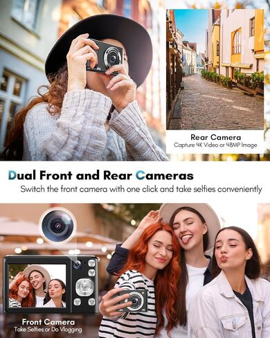 4K Digital Camera,48MP Cameras for Photography with Front and Rear Camera | Vlogging Compact Camera,Autofocus,16X Zoom Protable Point and Shoot Cameras with 32GB SD Card,Anti-Shake,2 Batteries in Kuwait