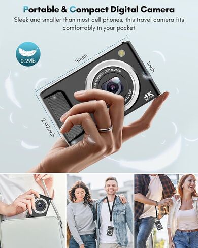 4K Digital Camera,48MP Cameras for Photography with Front and Rear Camera | Vlogging Compact Camera,Autofocus,16X Zoom Protable Point and Shoot Cameras with 32GB SD Card,Anti-Shake,2 Batteries in Kuwait