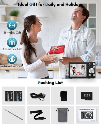 4K Digital Camera,48MP Cameras for Photography with Front and Rear Camera | Vlogging Compact Camera,Autofocus,16X Zoom Protable Point and Shoot Cameras with 32GB SD Card,Anti-Shake,2 Batteries in Kuwait