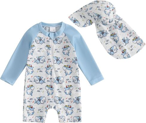 PUHHAPIEY Toddler Baby Boy Swimsuit Whale Print with Hat | 0 3 6 12 18M Boy Bathing Suit, 2 3T One Piece Swimwear, Zipper Rash Guard Swimwear in Saudi Arabia