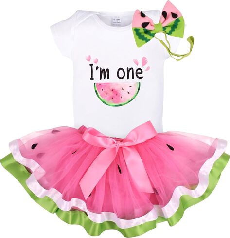 Watermelon Birthday Tutu Outfit Baby Girls 1st Cotton Romper+Tutu Skirt+Headband Fruit Cake Smash Photoshoot Outfit in Saudi Arabia