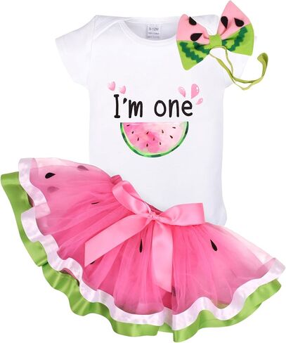 Watermelon Birthday Tutu Outfit Baby Girls 1st Cotton Romper+Tutu Skirt+Headband Fruit Cake Smash Photoshoot Outfit in Saudi Arabia