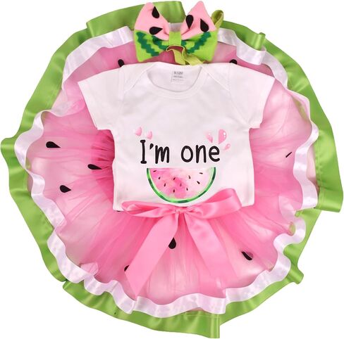 Watermelon Birthday Tutu Outfit Baby Girls 1st Cotton Romper+Tutu Skirt+Headband Fruit Cake Smash Photoshoot Outfit in Saudi Arabia