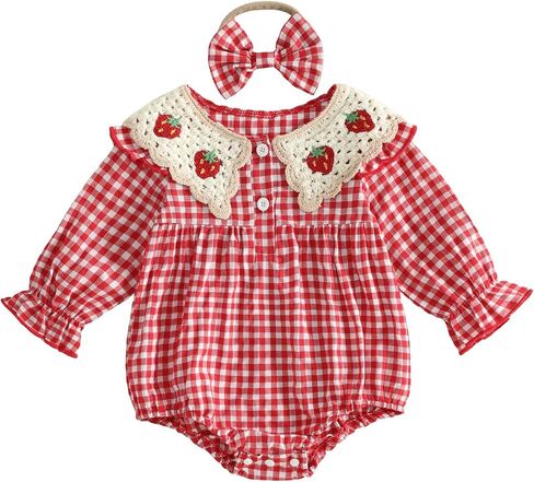 Newborn Baby Girl Outfit Strawberry Cherry Knit Romper Fall Plaid Bodysuit | Newborn Spring Fall Clothes Cute Strawberry Cherry Knit Peter Pan Collar Long Sleeve Plaid Romper Matching With Bow Headband in Saudi Arabia