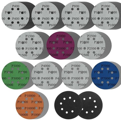 160pcs 5 inch 8 Holes Sanding Discs Hook & Loop Silicon Carbide Wet Dry Sandpaper with 2pcs Interface Pad 400 to 10000 Assorted Grit Orbital Sandpaper for Automotive Wood Metal Polishing in Kuwait
