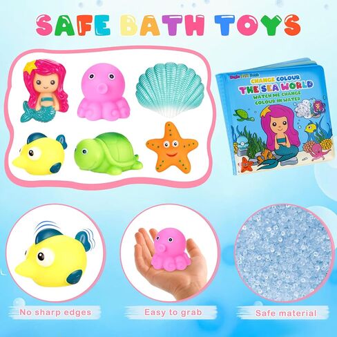 TSDATOWR Light Up Bath Toys, No Hole Mermaid Tub Set for Kids Ages 3-5 | LED Floating Figures, Bath Book, Organizer for Pool, Beach, Bathroom, Gifts for Kids Ages 3-5, Multi-Scene Water Play in Saudi Arabia