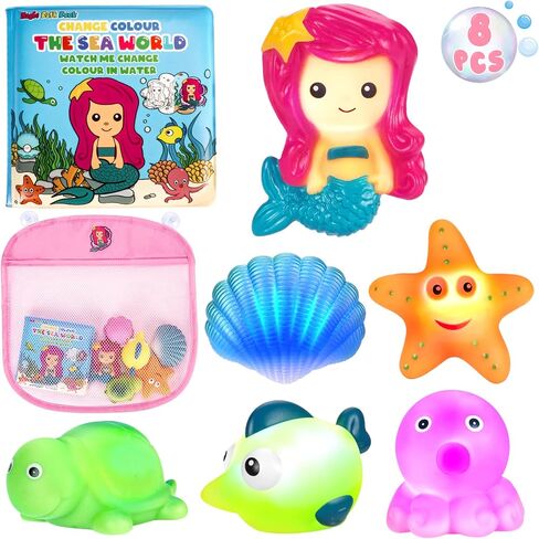 TSDATOWR Light Up Bath Toys, No Hole Mermaid Tub Set for Kids Ages 3-5 | LED Floating Figures, Bath Book, Organizer for Pool, Beach, Bathroom, Gifts for Kids Ages 3-5, Multi-Scene Water Play in Saudi Arabia