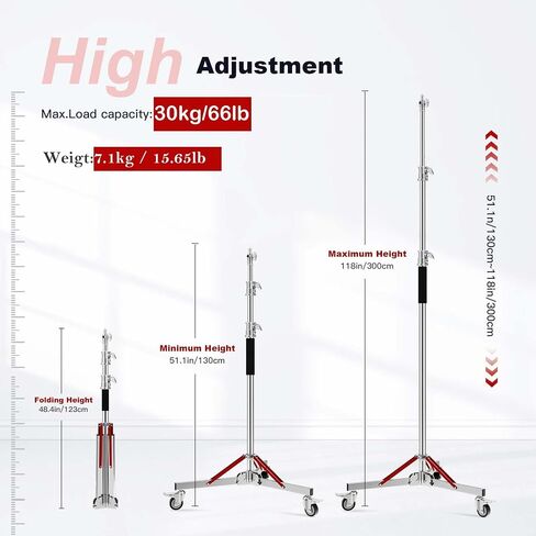 Heavy Duty Light Stand with Casters, 10ft/305CM 100% Stainless Steel 30kg/66lb Load Bearing Adjustable Photography Light Stand with Wheels for Photography Studio Softbox, Monolight in Saudi Arabia
