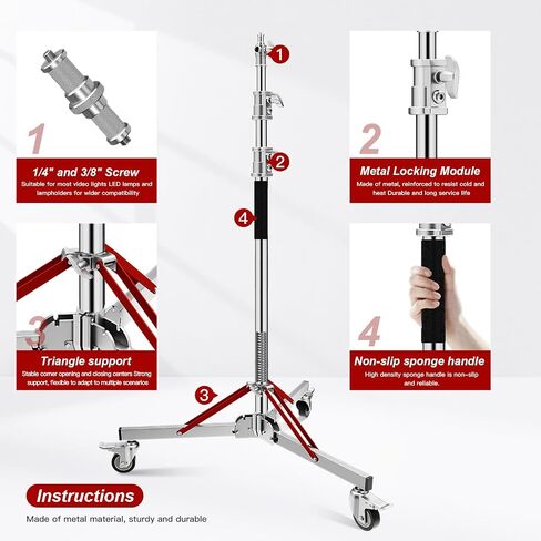 Heavy Duty Light Stand with Casters, 10ft/305CM 100% Stainless Steel 30kg/66lb Load Bearing Adjustable Photography Light Stand with Wheels for Photography Studio Softbox, Monolight in Saudi Arabia