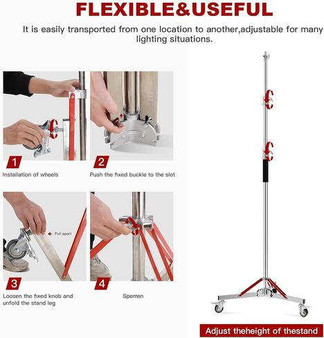 Heavy Duty Light Stand with Casters, 10ft/305CM 100% Stainless Steel 30kg/66lb Load Bearing Adjustable Photography Light Stand with Wheels for Photography Studio Softbox, Monolight in Saudi Arabia