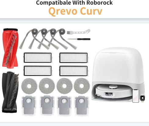 18 قطعة ملحقات لمكنسة Roborock Qrevo S5V/ Qrevo Curv Robot | قطع غيار لـ Qrevo Edge S5A، فرشاة رئيسية مزدوجة، فرشاة جانبية، مرشح قابل للغسل، وسادة ممسحة، كيس غبار in Kuwait