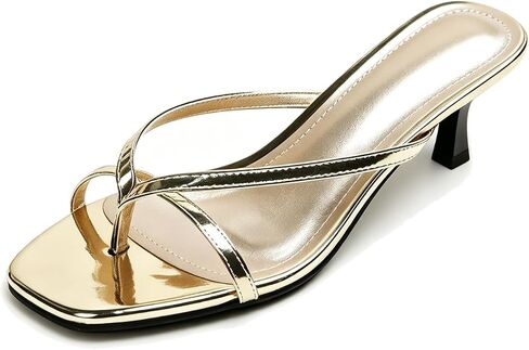 Women's Strappy Toe Ring Kitten Heels Sandals Square Toe Mule Slides | Metallic Strappy Short Heeled stable Comfort low Support Soft Summer Beach Slides for Pool Streetwear Date Night in Kuwait