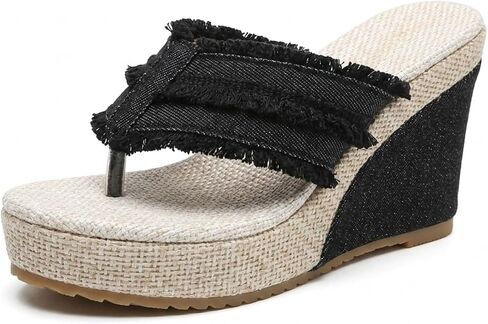Denim Wedge Slide Mules with Double Buckle Espadrille Platform for Women | Frayed Trim Wide Band Open Toe Slip-On Sandals with Adjustable Hardware Cushioned Comfort for Beach Vacation Daily Wear in Kuwait