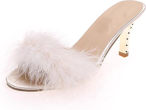 Women Open Toe Cute Fuzzy Kitten Heel Slide Sandals Summe Slip On Fluffy Feather Comfortable Low Heel Mule Sandals Sexy Backless Dress Pumps in Saudi Arabia